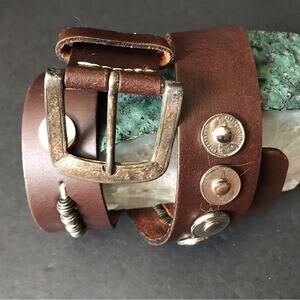 Brown Leather Belt with Coins and Coil Beads, Silver Hardware